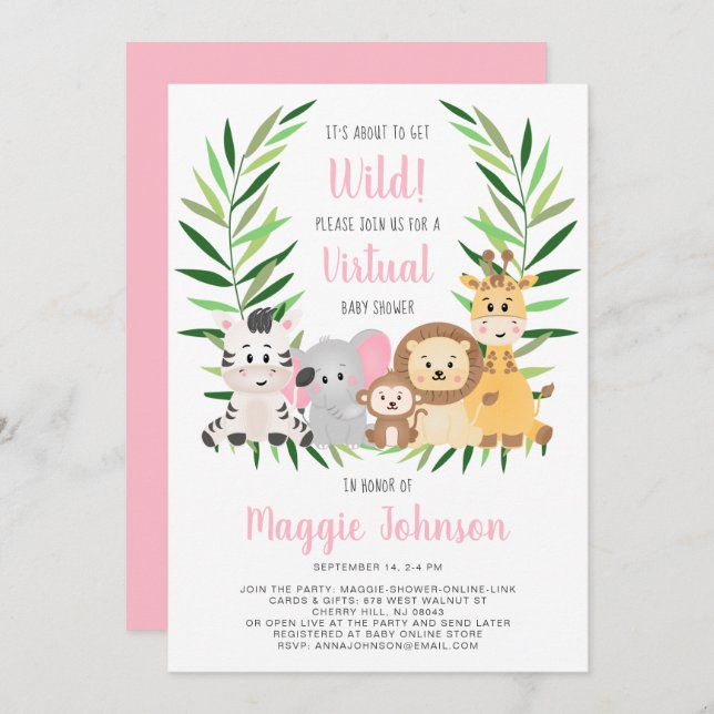 Convite Virtual Get Wild Safari Pink Baby Chá (Frente/Verso)
