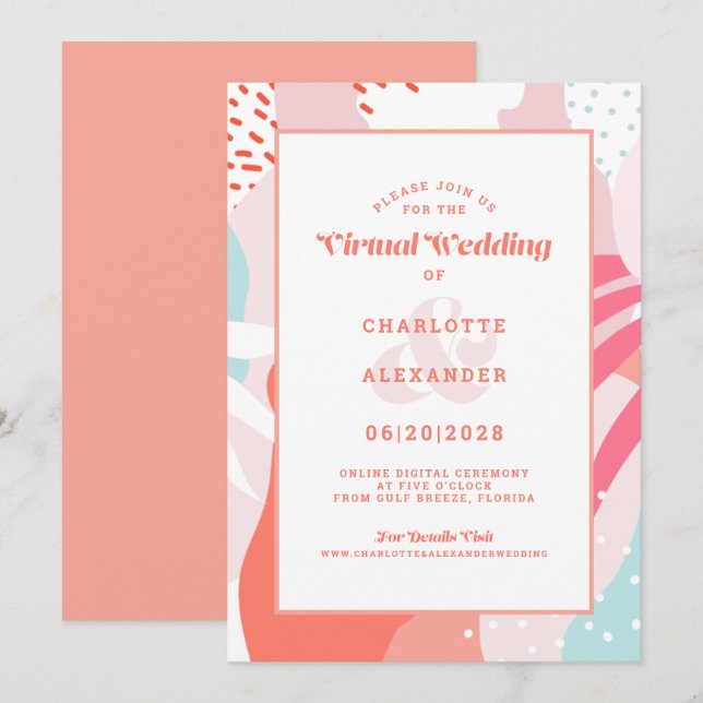 Convite Virtual Online | Coral Geométrico Abstrato Moderno (Frente/Verso)
