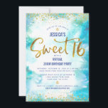 Convite Virtual Sweet 16 Blue Watercolor Birthday<br><div class="desc">Aqui está uma forma excelente de fazer com que sua filha ainda seja capaz de comemorar seu aniversário marcante com todos os seus amigos. Envie este convite de festas online virtual personalizado, incrível e moderno para que um evento se lembre. Folha de ouro cintilante e minúsculos pontos brilhantes de confete...</div>
