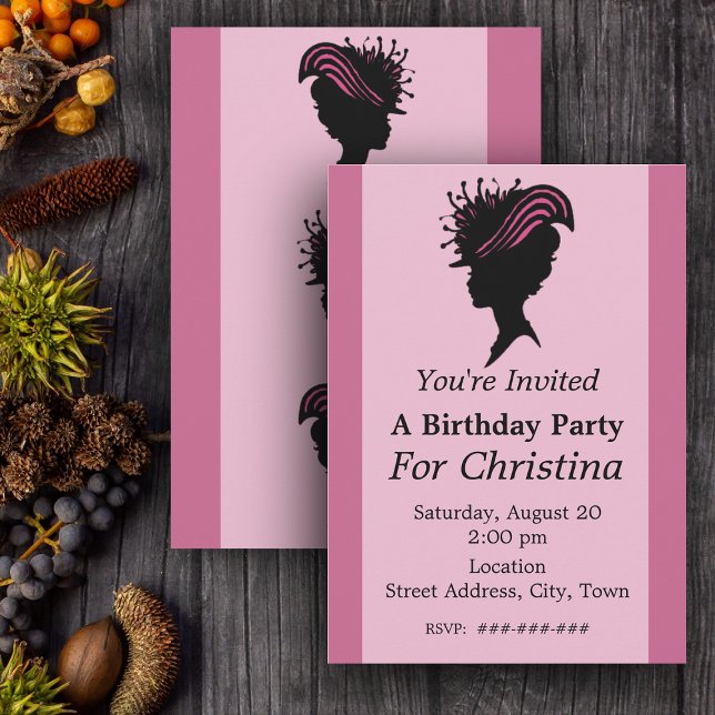 Convite Vitoriana Rico Black Silhouette Hat Aniversário (Silhouette of face of Victorian woman fancy hat on pink Birthday party invitations.)