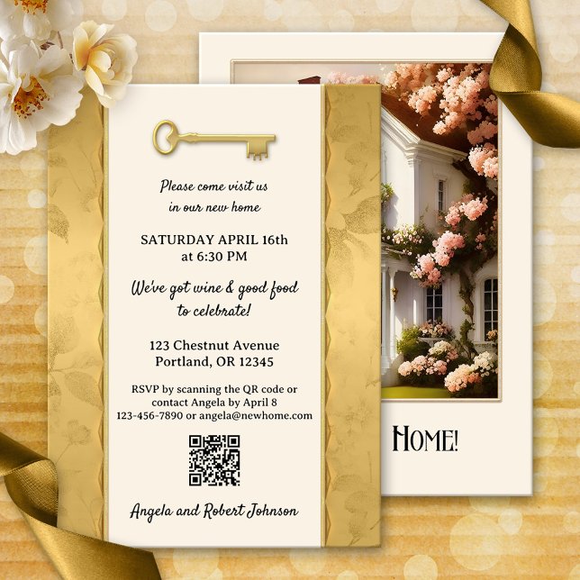 Convite Vitoriano Dourado Sua Foto de Aquecimento Doméstic (Housewarming party invitation featuring a photo of your new home framed by an ivory design with gold)