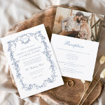 Convite Vitoriano Vintage Foto Francesa Tudo Em Um Casamen<br><div class="desc">Traga seus convidados para uma era de elegância e romance com nosso Convite de Casamento Floral Azul Vitoriano Vintage. Inspirado pela opulência da era vitoriana e adornado com delicados florais azuis franceses, esse convite expele sofisticação do eterno. Feita com muita atenção aos detalhes, a intrincada design floral e a tipografia...</div>