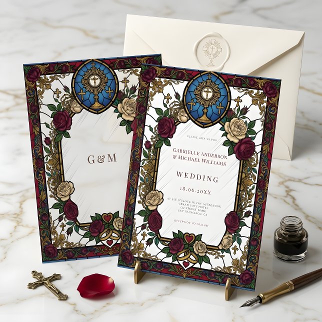 Convite Vitraça de Rosa Borgonha Casamento Católico (Criador carregado)