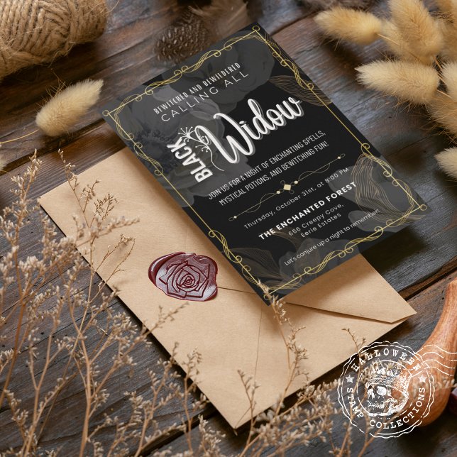 Convite Viúva Negra Assustada e Assustada (Black Widow Bewitched and Bewildered Invitation cover from The Beekeeper Store)