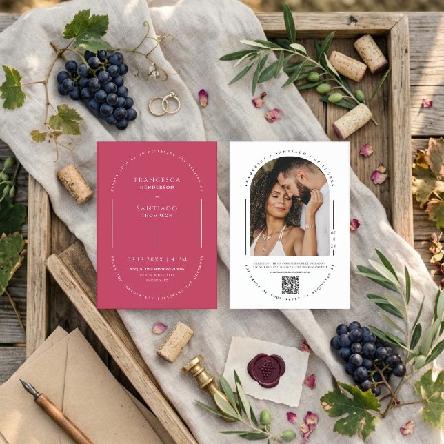 Convite Viva Magenta Arco Moderno Código QR Foto Casamento (Criador carregado)