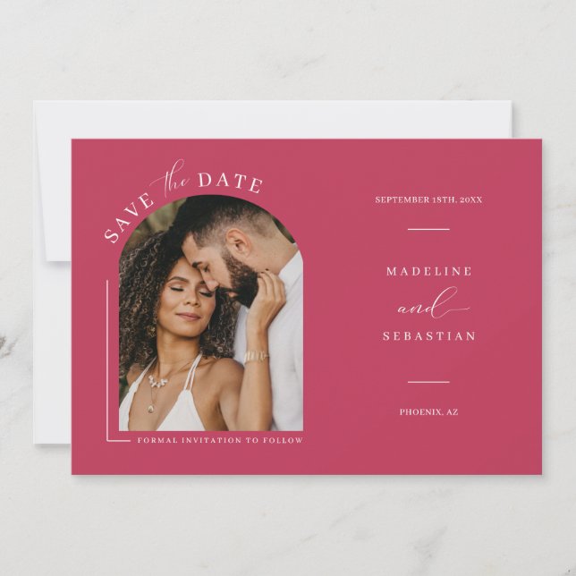 Convite Viva Magenta Boho Arch Foto Código QR Salvar Data (Frente)