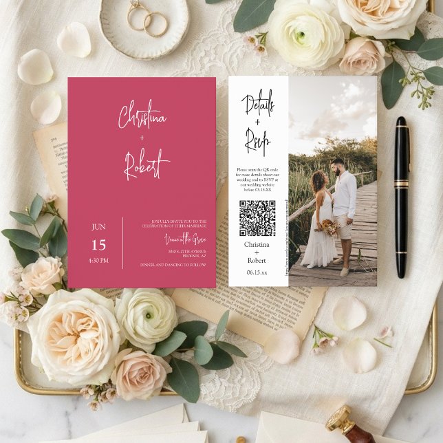 Convite Viva Magenta Casamento Moderno Boho Código QR de F (Criador carregado)