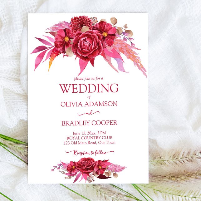 Convite Viva magenta crimson burgundy flores rosas (Criador carregado)