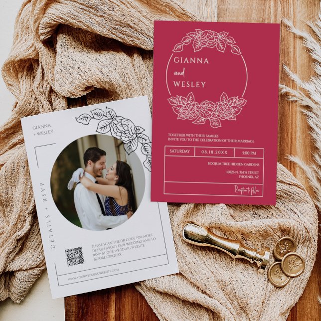 Convite Viva Magenta Linha Botânica Art QR Code Foto (Criador carregado)