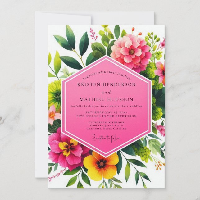 Convite Vivid Pink Floral Romantic Wedding (Frente)