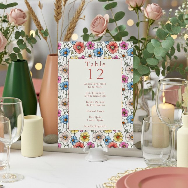 Convite Vívido outono flores silvestres número do quadro (Bright and colorful wildflowers wedding reception table number name chart card.)