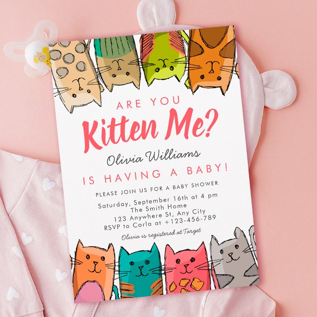 Convite Você É Kitten? Gatos de Gato Chá de fraldas Neutro (Colorful Cats Baby Shower Invitation)