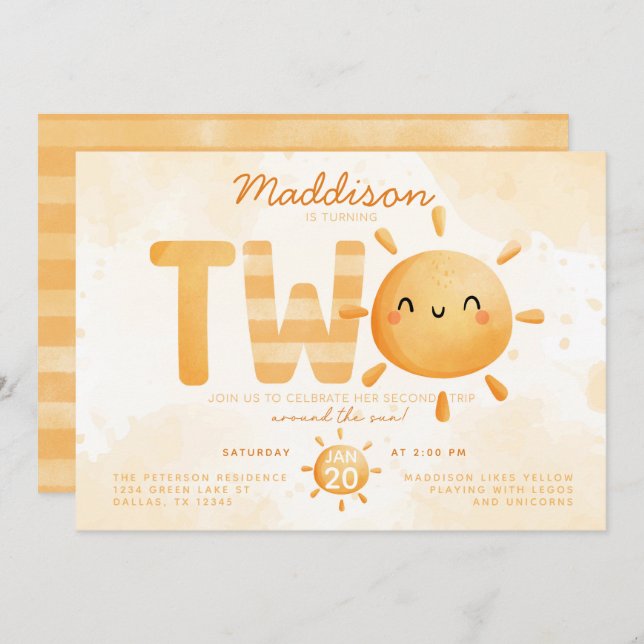 Convite Você é o meu sol virando duas festas de segundo an (Frente/Verso)