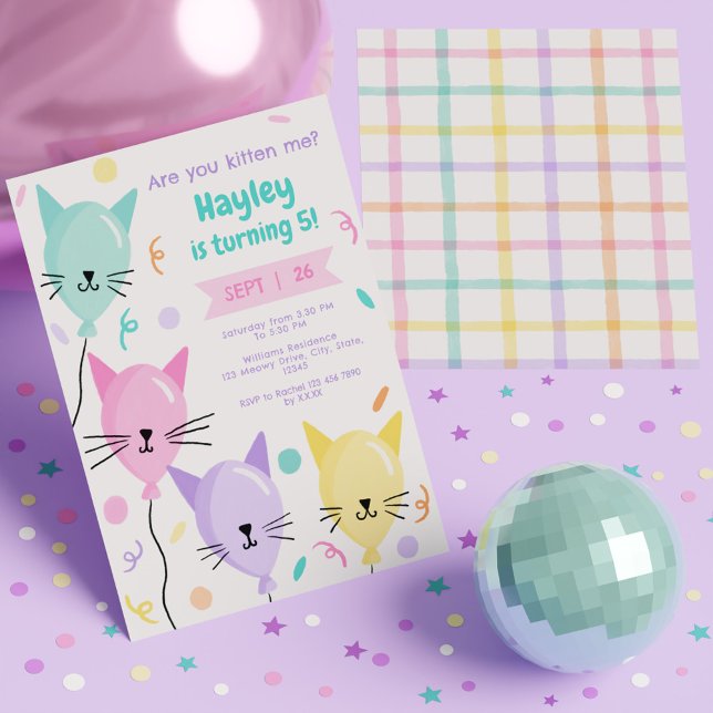 Convite Você Me Gatinha Gatinho Gatinho Gato De Noite Arco (Are You Kitten Me Cute Kitty Cat Birthday Rainbow Invitation)