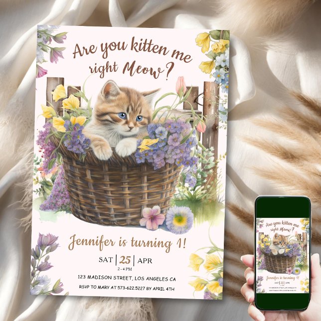 Convite Você Me Gatinha primeiro aniversario De Gato Rosa  (Criador carregado)