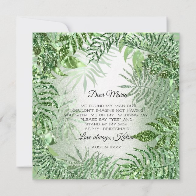 Convite Você Quer Bridesmaid Tropical Glitter Green? (Frente)