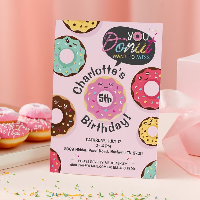 Convite Você Rosquinha quer perder - Festa de aniversário  (You Donut Want to Miss - Iced Donut Birthday Party Invitation)