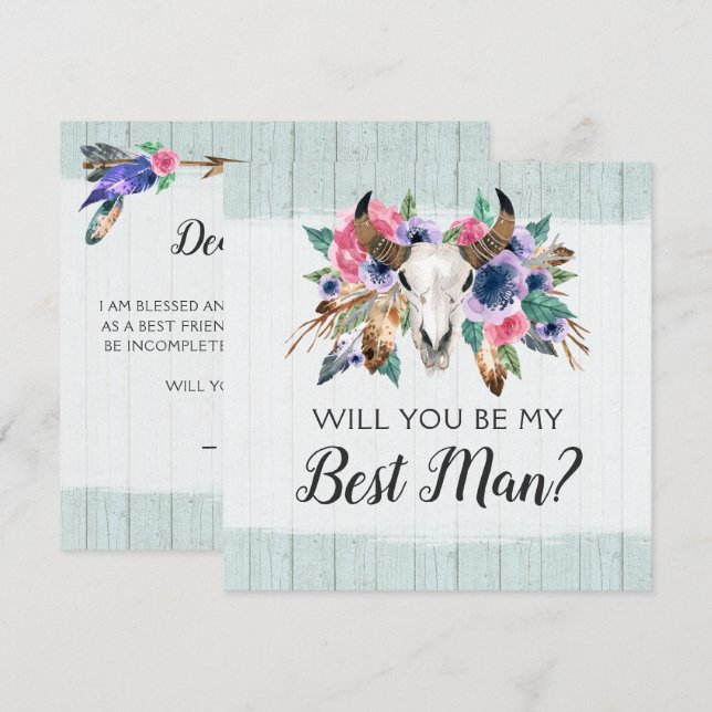 Convite Você Será Meu Padrinho Carta de Crânio Floral Rúst (Frente/Verso)