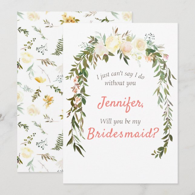Convite Você Será Minha Bridesmaid Floral Ivory Coral? (Frente/Verso)