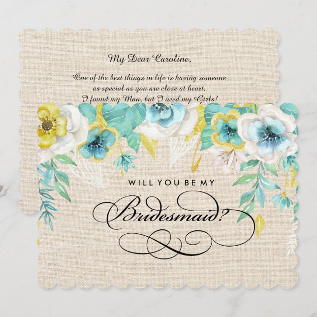 Convite Você será minha dama de Bridesmaid? Floral de Aqua (Frente/Verso)