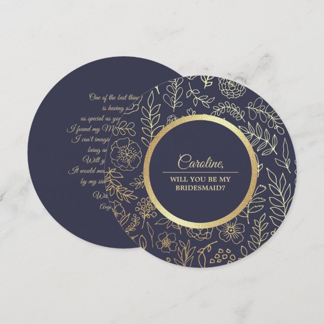 Convite Você será minha dama de Bridesmaid? Marinho Azul D (Frente/Verso)