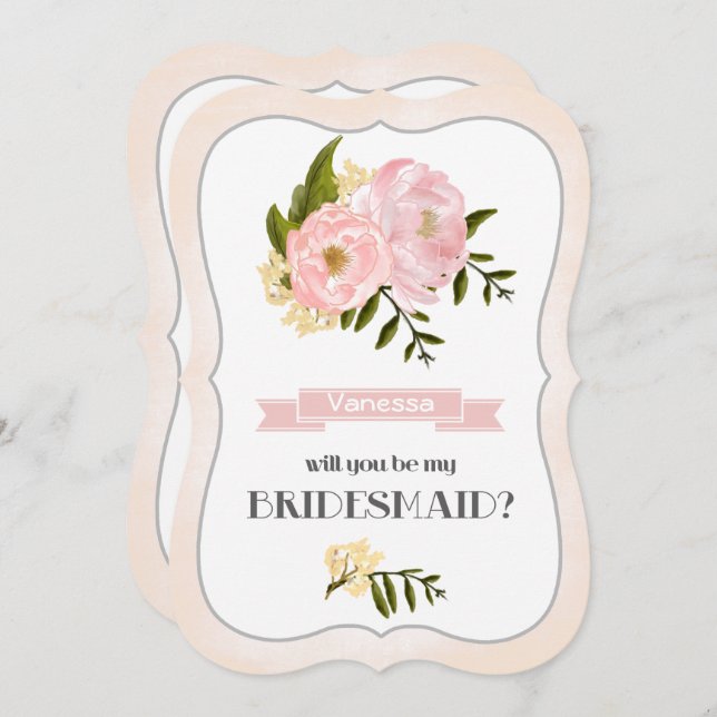 Convite Você será minha dama de Bridesmaid? Peônias cor-de (Frente/Verso)