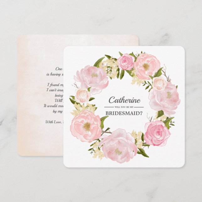 Convite Você será minha dama de Bridesmaid? Pink Peony Wre (Frente/Verso)