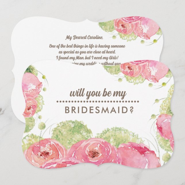 Convite Você será minha dama de Bridesmaid? Rosas romântic (Frente/Verso)