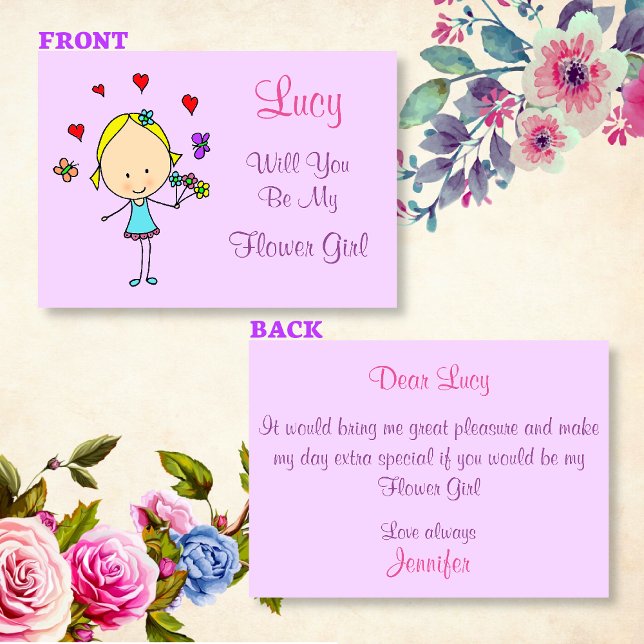 Convite Você Será Minha Dama de Flores Personalizado (Front and back view of the invitation)