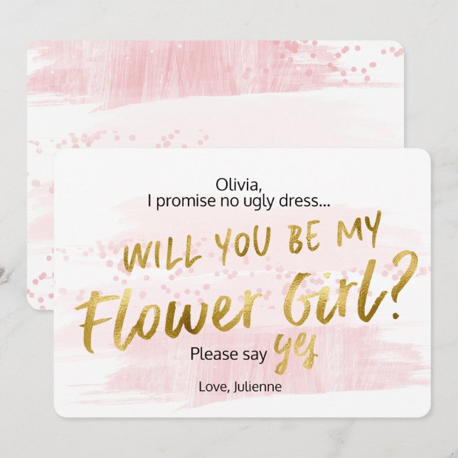 Convite Você Será Minha Dama de Flores Rosa e Dourado Aqua (Frente/Verso)