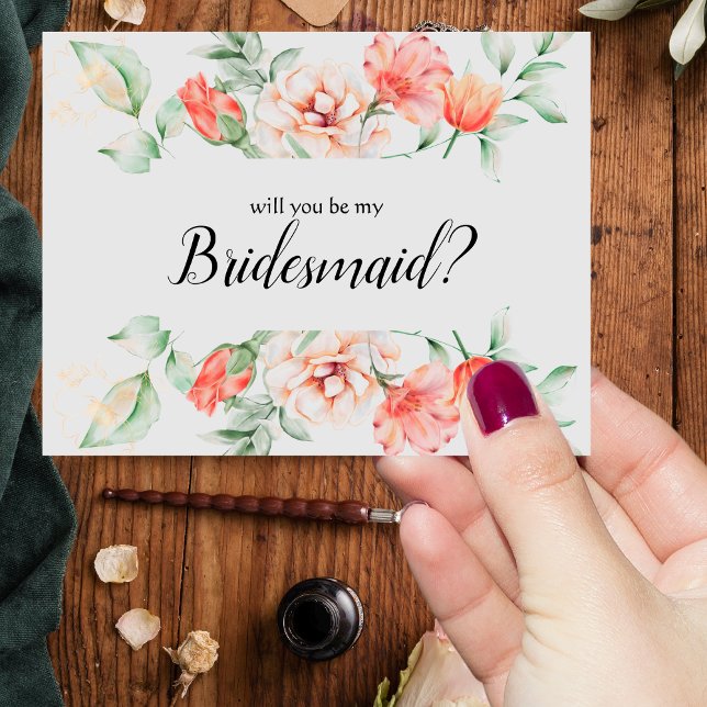 Convite Você será minha dama de honra Coral Rosa Watercolo (Coral Rose Watercolor Bridesmaid!)