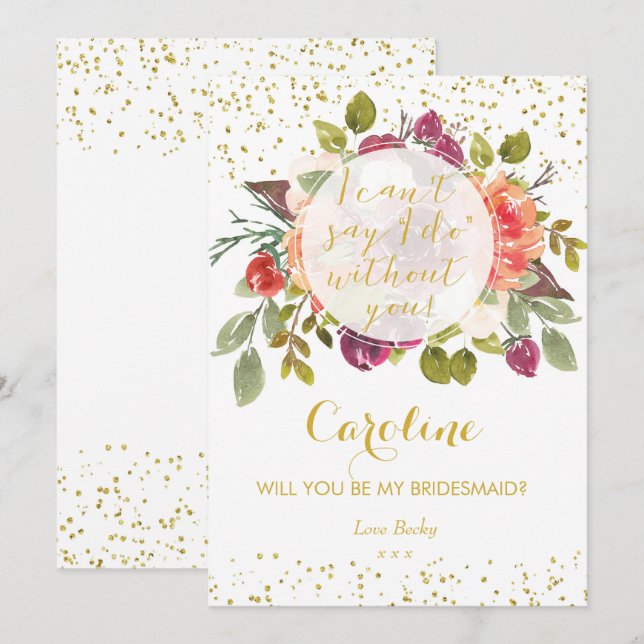 Convite Você será minha dama de honra, dourada púrpura flo (Frente/Verso)