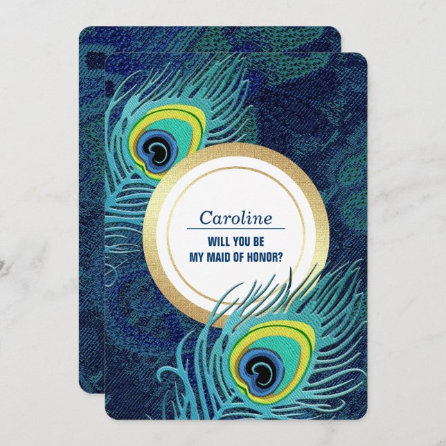 Convite Você será minha Madrinha de casamento? Peacock Fea (Frente/Verso)