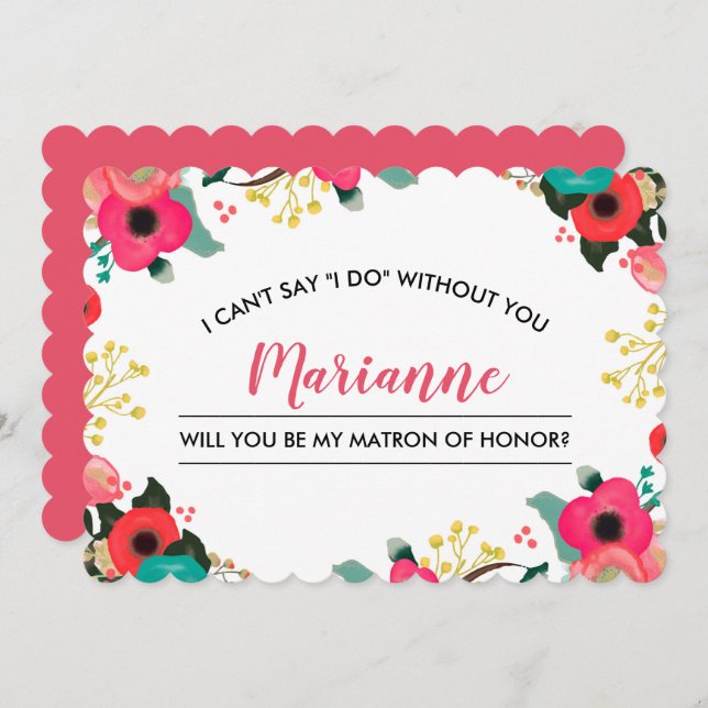 Convite Você será minha Matron de Honra? Modern Floral (Frente/Verso)
