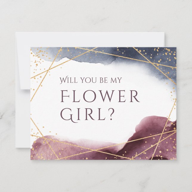 Convite Você será minha menina de flores roxa geométrica (Frente)