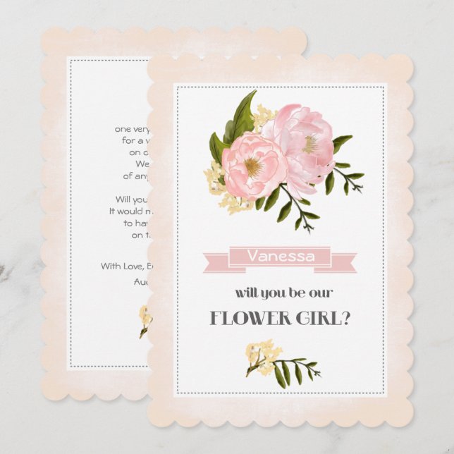 Convite Você será nossa Menina das Flores? Peônias Rosa Pá (Frente/Verso)