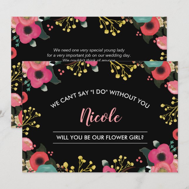 Convite Você será nossa Menina de Flores? Floral Moderna (Frente/Verso)