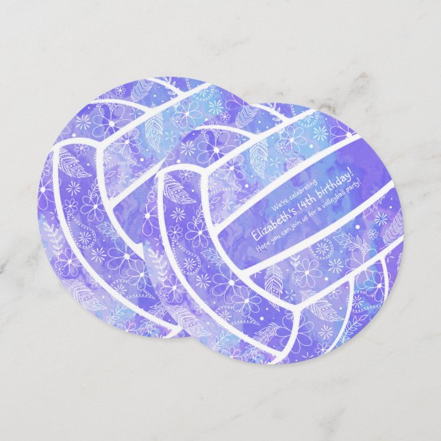 Convite Vôlei roxa com padrão floral (Frente/Verso)