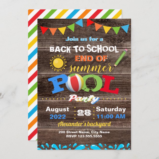 Convite Voltar à Festa de Piscina do Final da Escola (Frente/Verso)
