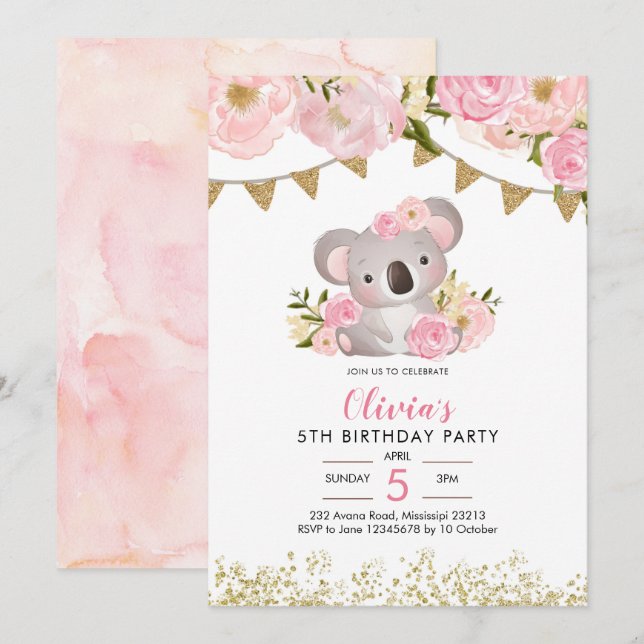 Convite Voo Floral Rosa Wreath Koala Aniversário (Frente/Verso)
