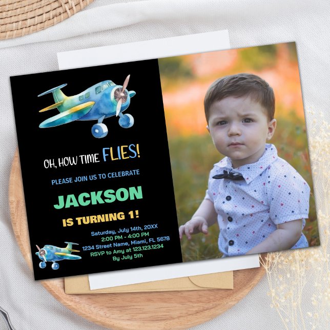 Convite Votos de Aniversário do Avião Azul Negro w Foto (Airplane Birthday Invitations Black Blue w Photo)