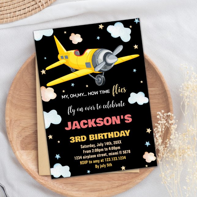 Convite Votos de aniversário do avião Black Yellow BK (Airplane Birthday Invitations Yellow Black BK)