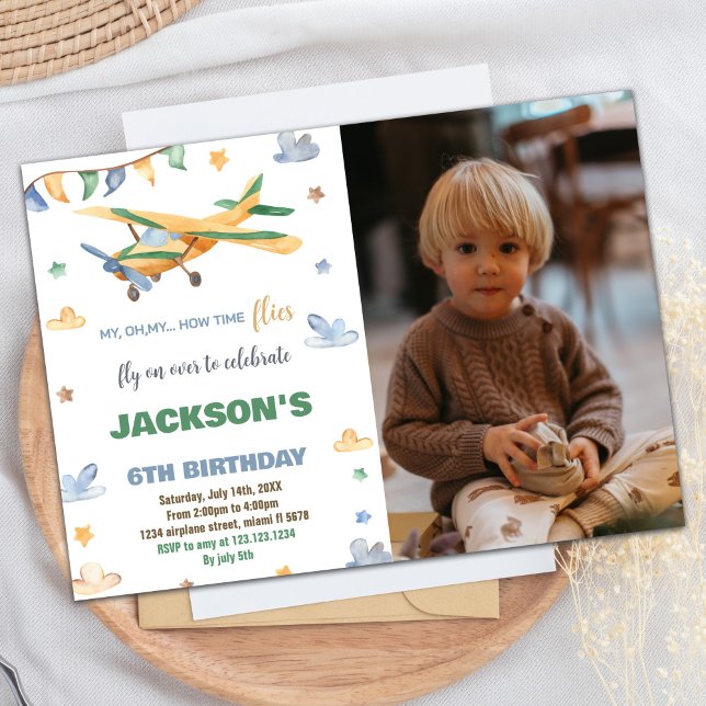 Convite Votos de Aniversário do Avião Foto Amarelo Verde W (Airplane Birthday Invitations Yellow Green W Photo)