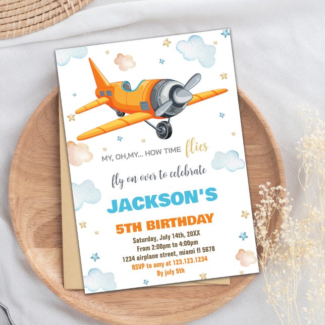 Convite Votos de Aniversário do Avião Laranja (Orange Airplane Birthday Invitations)