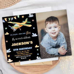 Convite Votos de Aniversário do Avião Preto Amarelo com Fo