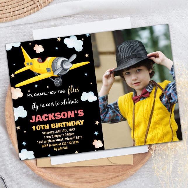 Convite Votos de Aniversário do Avião Preto Amarelo com Fo (Airplane Birthday Invitations Yellow Black w Photo)