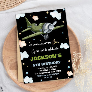 Convite Votos de Aniversário do Avião Preto Verde BK