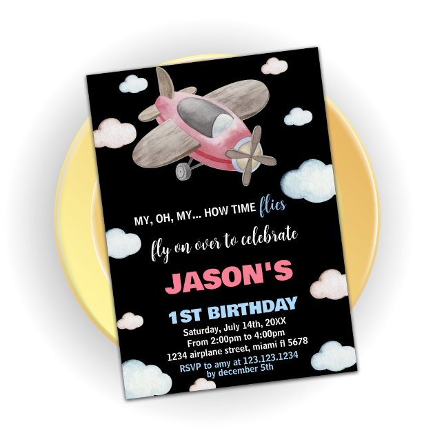 Convite Votos de Aniversário do Avião Preto Vermelho Casta (Airplane Birthday Invitations Brown Red Black)