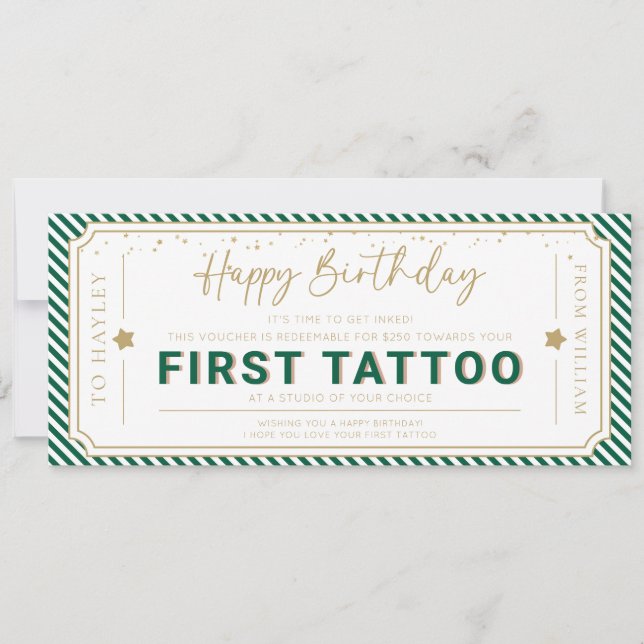 Convite Voucher de Presente de Aniversário Primeira Tatuag (Frente)