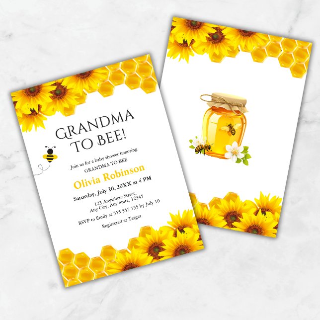Convite Vovó Floral de Honeycomb Amarelo para Chá de frald (Yellow Floral Honeycomb Grandma to Bee Baby Shower Invitation )